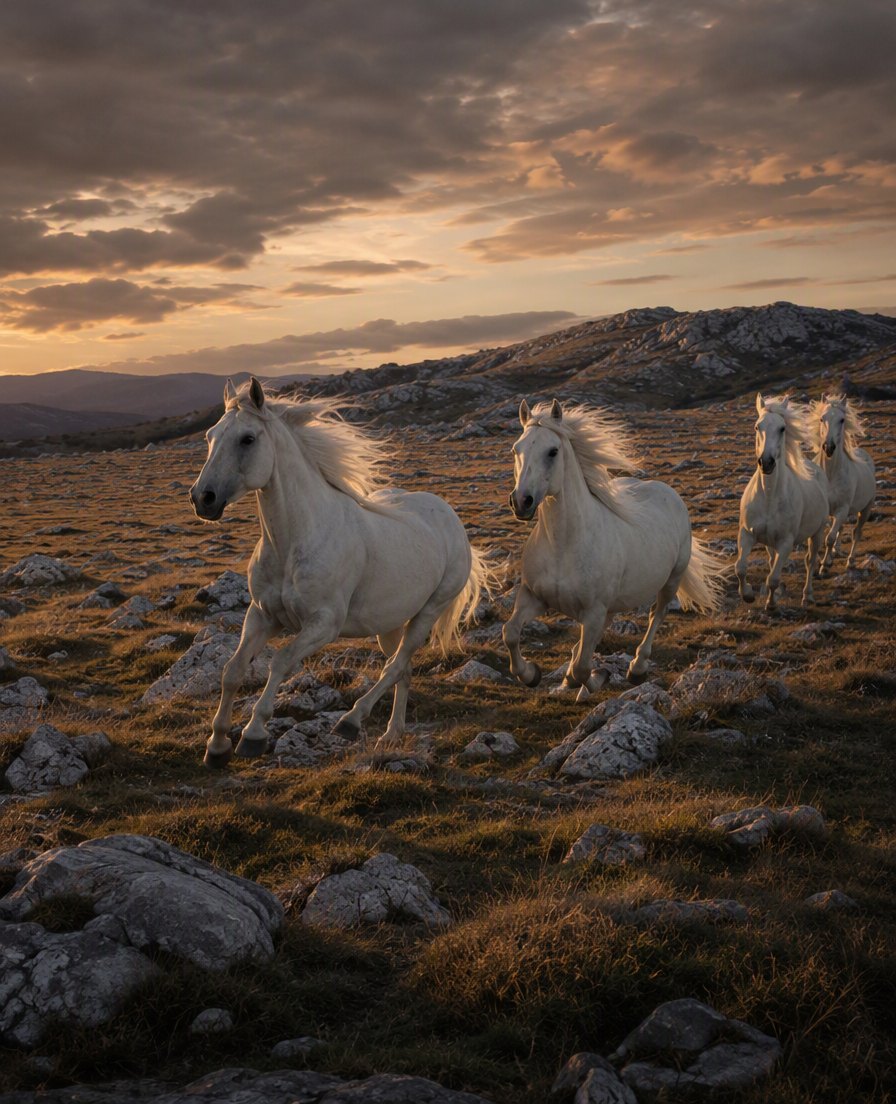 White Lipizzaner horses galloping across a karst pasture at dusk