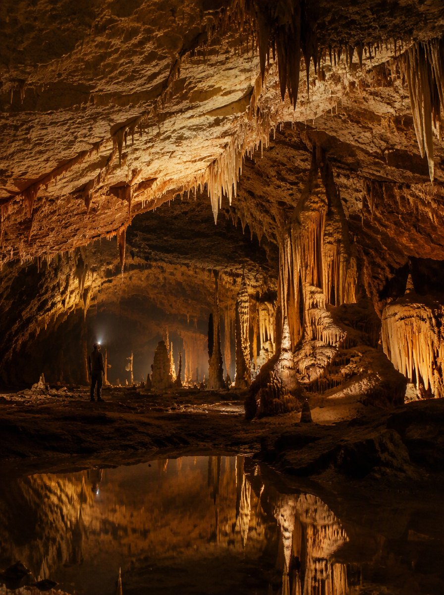 Underground karst cave chamber with stalactites lit in warm amber light