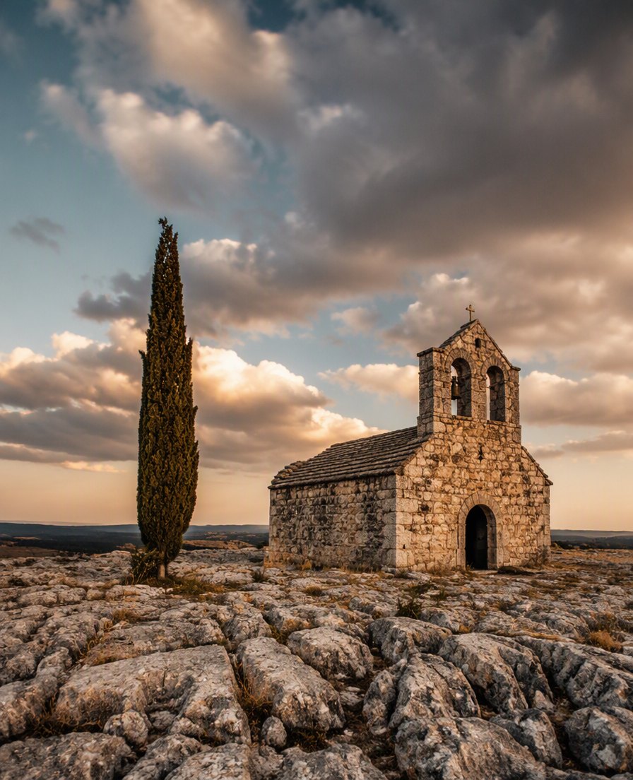 Small stone karst church with a bell gable