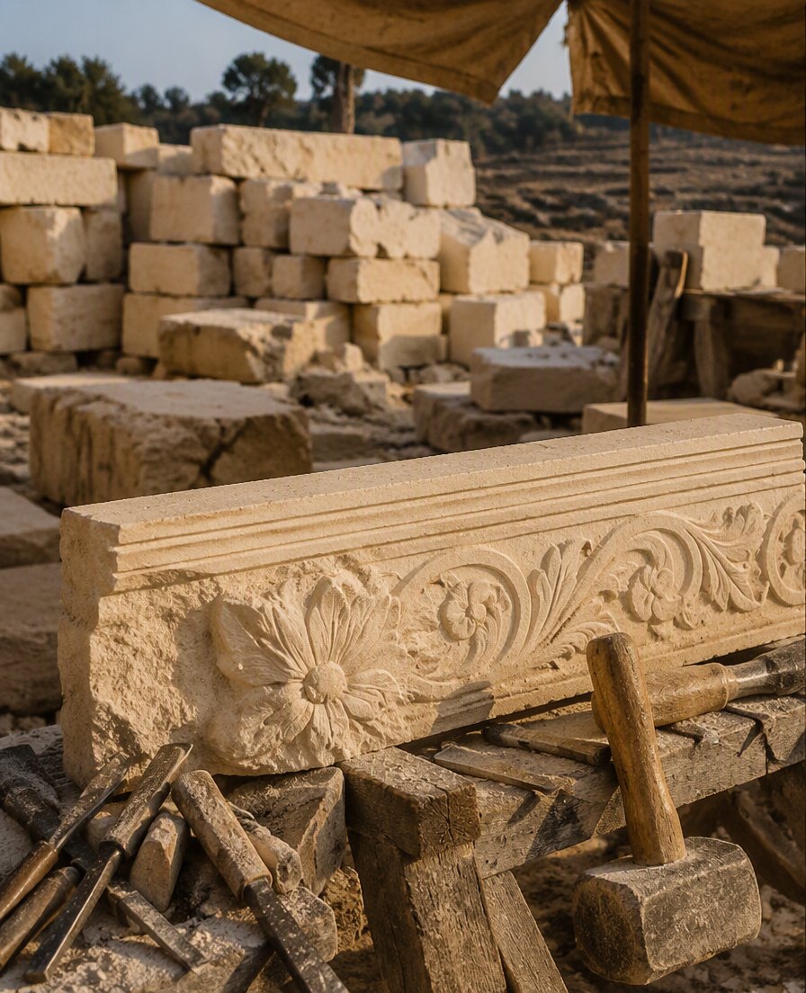 Stonemason's yard with stacked limestone blocks