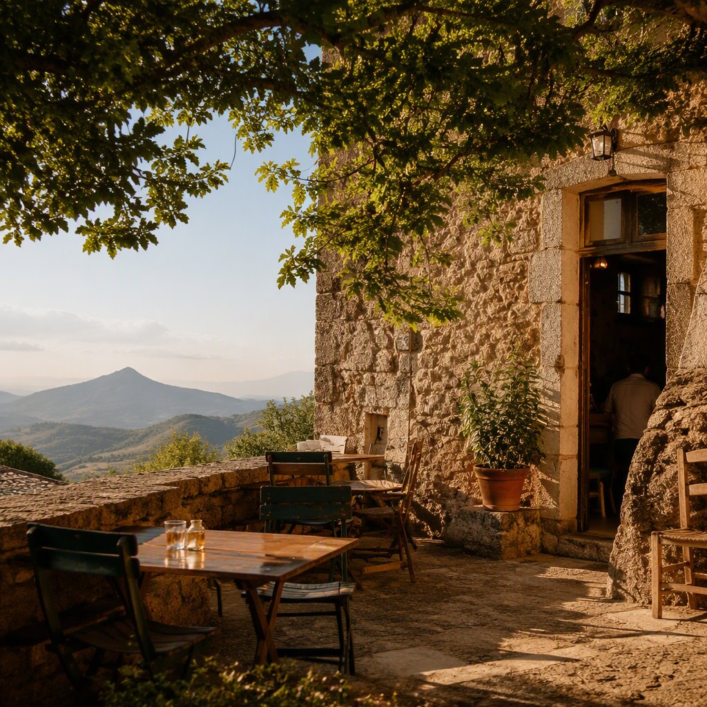 Sun-dried karst meadow and the shade of a stone village café in bright summer heat