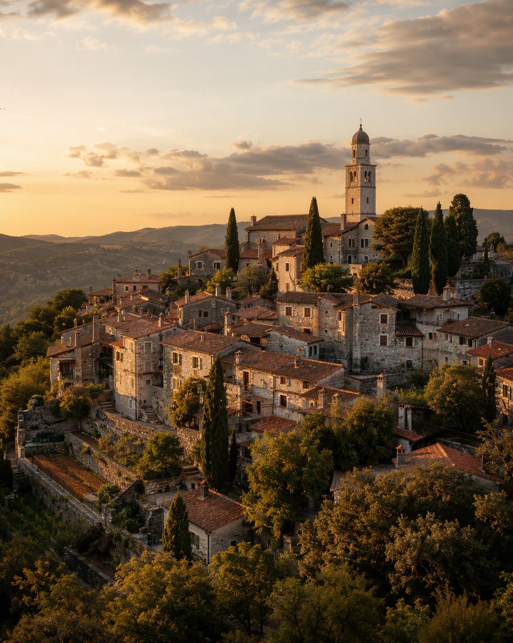 Štanjel village: terraced stone houses climbing a hill, church bell tower at golden hour